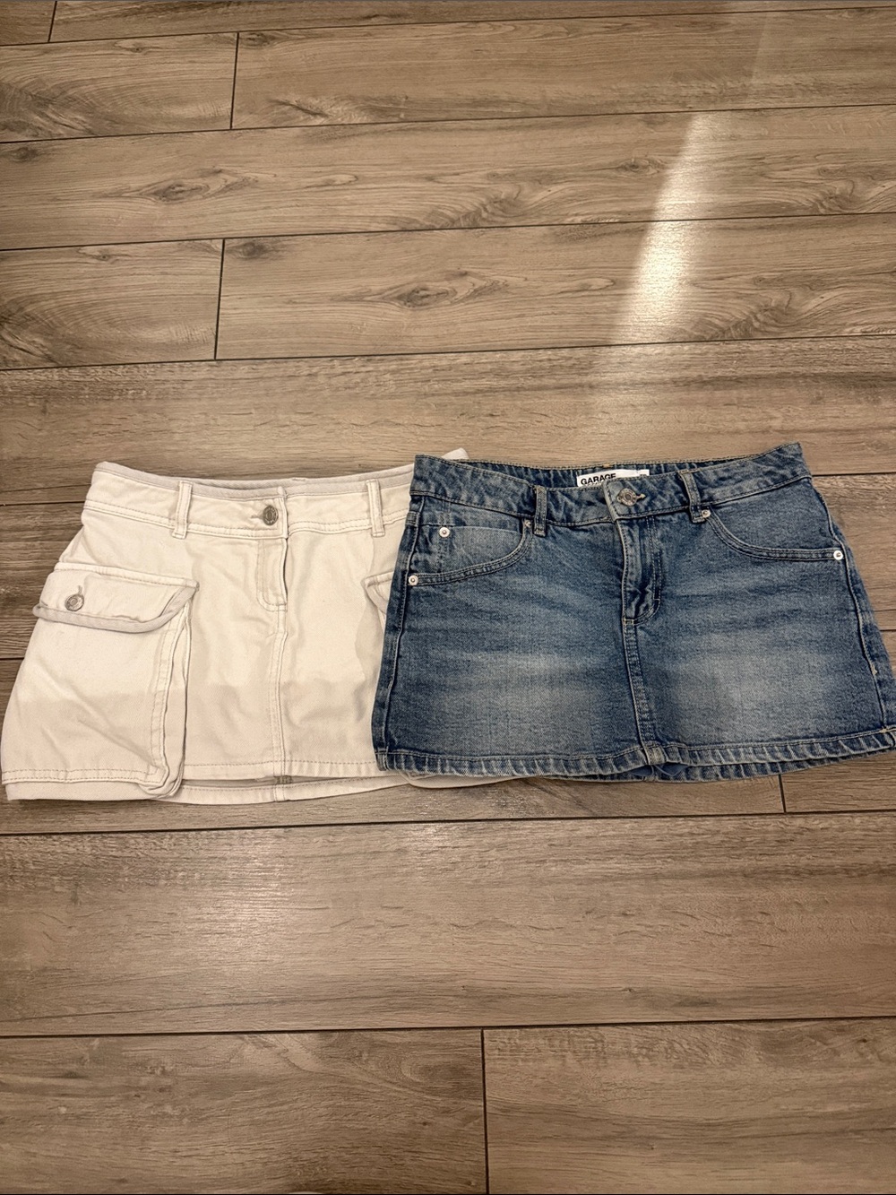 GARAGE Two-Piece Mini Skirt Set in White and Blue Denim